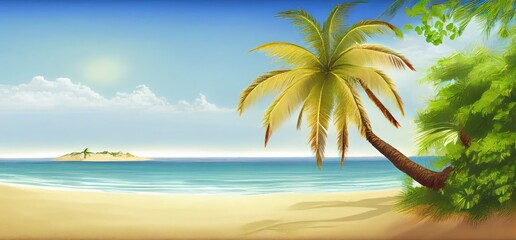 Fototapeta na wymiar Panoramic Banner Luxurious Beach Vacation With Palm Trees Generative AI