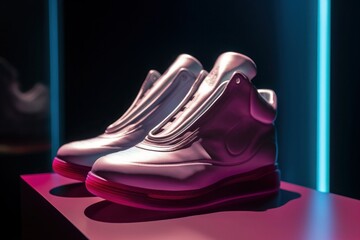 Pair of Futuristic Shoes with Magenta Light at Background .UHD Cinematic style Photography. Generative AI.