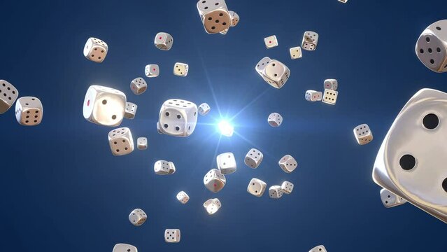 Lots of silver dices fly to the camera for bet wallpaper. 3D render 4K
