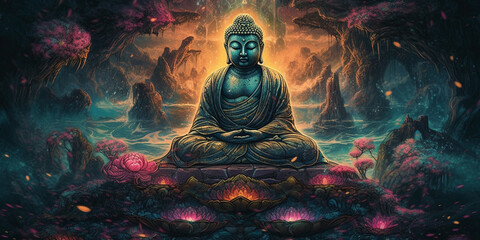 Buddha sitting in lotus position Surreal Digital Illustration  Generated AI - obrazy, fototapety, plakaty