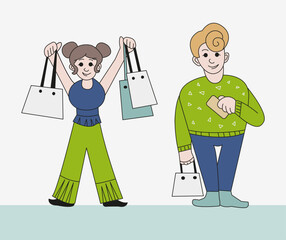 People are shopping. Young man and woman cheerful characters with shopping bags. Vector color illustration cartoon style.
