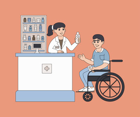A man in a wheelchair buys medicine in a pharmacy. A female apothecary serves a disabled person. Vector color illustration.