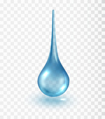 Drop of transparent blue cosmetic liquid. Clear water shapes isolated on transparent background. Cosmetic spa droplet.