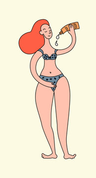 A young woman in a swimsuit applies sunscreen. Character cartoon style. Vector isolated color illustration.
