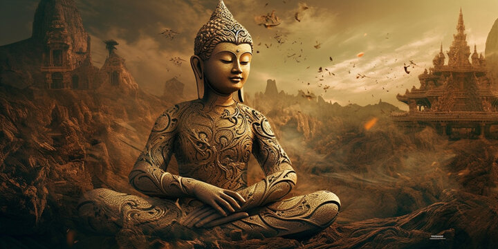 Buddha sitting in lotus position Surreal Digital Illustration Generated AI