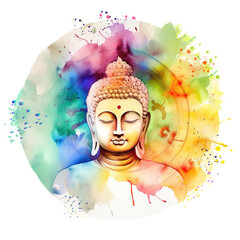 Close up of colorful Buddha on transparent background. Watercolor Buddha portrait with no background. Colorful meditation Buddha sculpture. Religious statue on transparent background. Generative AI. - obrazy, fototapety, plakaty