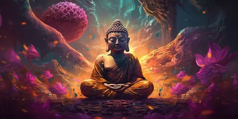 Fototapeten Buddha sitting in lotus position Surreal Digital Illustration Generated AI © bahadirbermekphoto