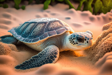 Fototapeta na wymiar A sea turtle on beach, generative AI