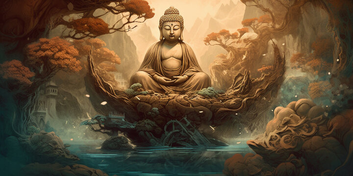 Buddha sitting in lotus position Surreal Digital Illustration Generated AI