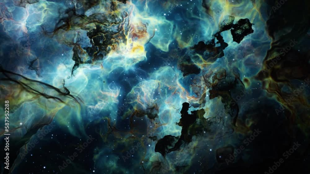 Sticker flying through deep space stars and nebula. realistic 3d animation