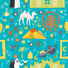 Naklejka premium Dubai, United Arab Emirates seamless pattern hand drawn vector illustration. Background, digital paper, for guidebook, poster, travel booklet, fashion design.