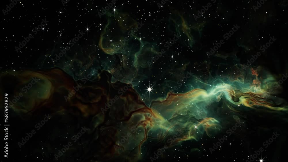 Sticker flying through deep space stars and nebula. realistic 3d animation