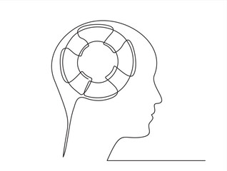 continuous stylized modern drawing of a human head and brain thinking about lifebuoy. Thinking about salvation or needing help. Concept of volunteering, help, support, financial aid