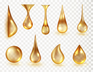 Realistic yellow drops translucent isolated on transparent background. Vector liquid gold drips of cosmetic, oil, gel, vitamin and honey
