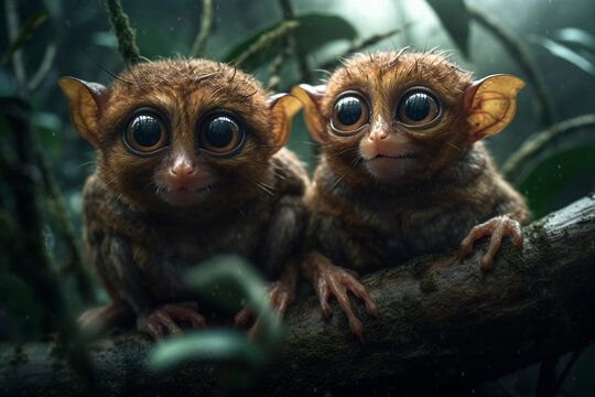 Two baby tarsier with very big dramatic eyes sitting on branch in jungle after heavy rain. Generative AI