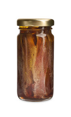 Jar with anchovy fillets in oil isolated on white
