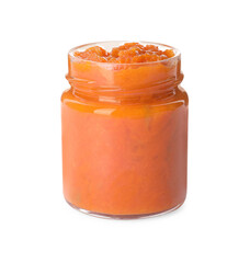 Jar of delicious pumpkin jam isolated on white