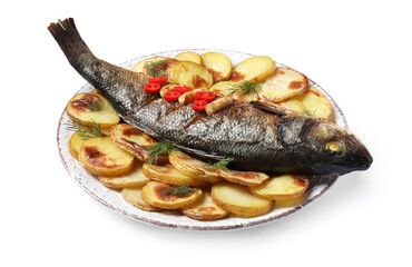 Plate with delicious roasted sea bass fish and potatoes on white background