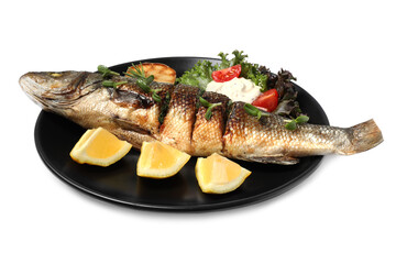 Plate with delicious sea bass fish and ingredients isolated on white