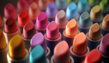 Close-up of a pile of multi-colored lipsticks in a row. generative AI banner, background, wallpaper, packaging