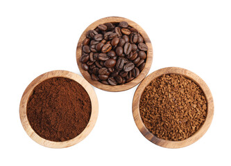 Bowls of beans, instant and ground coffee on white background, top view