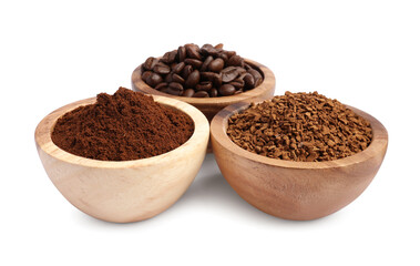 Bowls of beans, instant and ground coffee on white background