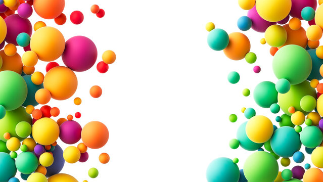 Abstract double border composition with colorful random flying spheres. Colorful rainbow matte soft balls in different sizes on transparent background. PNG file
