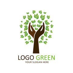 Obraz premium Human hands and a tree with green leaves. Logo, symbol, illustration, vector, template, design