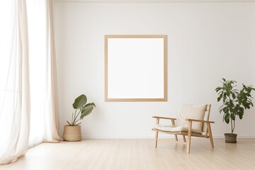 design room, large blank frame, light wood frame, style inside studio, white walls, overexposed - Generative AI