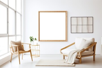 design room, large blank frame, light wood frame, style inside studio, white walls, overexposed - Generative AI