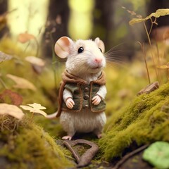 cartoon white little mouse in clothes, generative AI