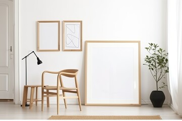 Fototapeta na wymiar design room, large blank frame, light wood frame, style inside studio, white walls, overexposed - Generative AI