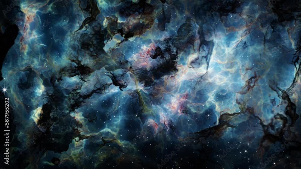 Poster flying through deep space stars and nebula. realistic 3d animation