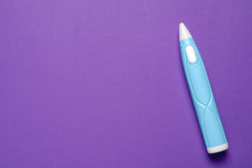 Stylish 3D pen on violet background, top view. Space for text