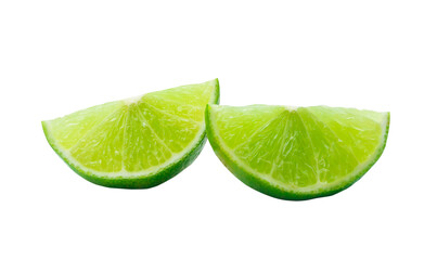 Close up photo of two slices or piece of green lemon isolated on white background with clipping path