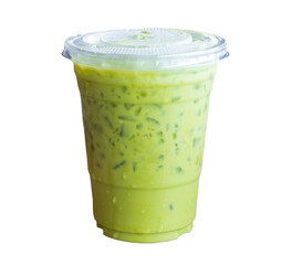 Iced matcha latte or Thai condensed milk-added green tea in transparent plastic glass isolated on white background with clipping path in png format