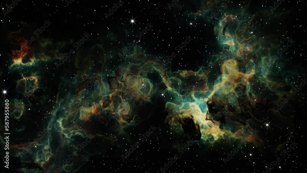 Sticker flying through deep space stars and nebula. realistic 3d animation