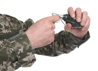 Soldier pulling safety pin out of hand grenade on white background, closeup. Military service