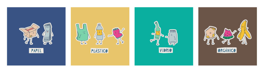 Waste sorting classification in Spanish. Translation - paper, plastic, glass, organic. Cute kawaii trash characters. Vector illustrations for design, stickers, etc.