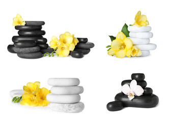 Collage with different spa stones and flowers isolated on white