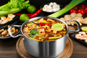 Saucepan with delicious Tom Yum soup and ingredients on wooden table
