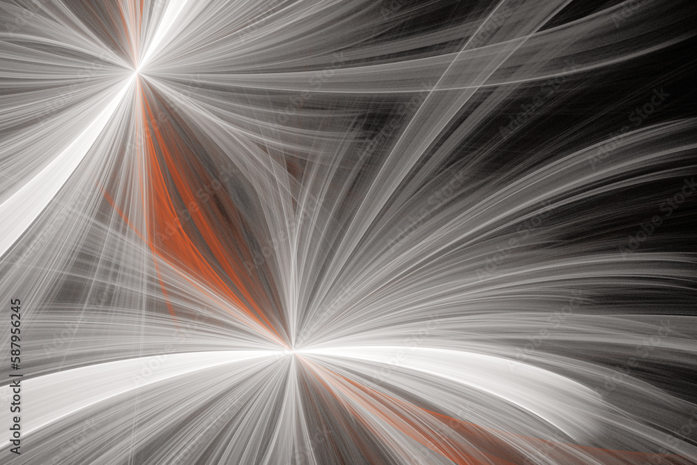 Poster white orange glowing double pattern of crooked rays from the center on a black background. abstract 