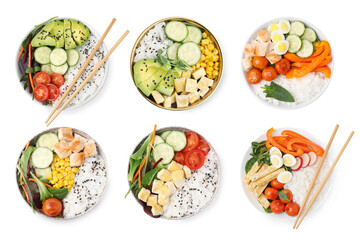 Set of different poke bowls isolated on white, top view