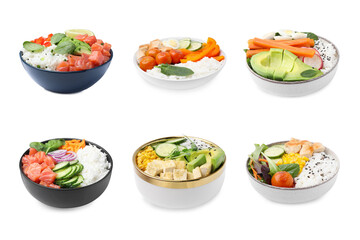 Collage of different poke bowls isolated on white