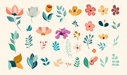  set of hand-drawn flowers and leaves, isolated design element. Decorative elements for postcards, patterns, greeting card, creative, background. Vector summer collection 