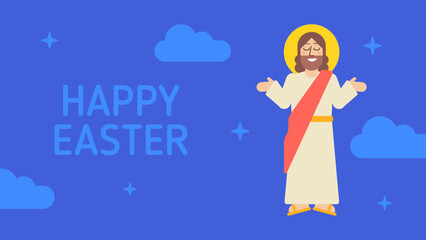 Happy easter. Jesus spreads his hands and smiles. Option one. Greeting card