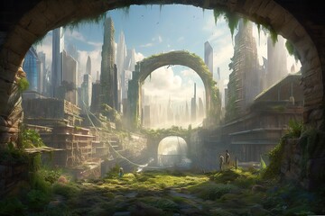 Sprawling otherworldly landscape with a portal overgrown with plants and mythical creatures. AI