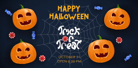 Trick or Treat Halloween part invitation template. Sale promo banner with pumpkin, candy, spider web and calligraphic lettering. Vector illustration for flyer, poster, website, social media, cards.
