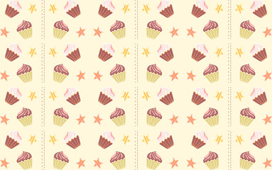 pattern with cupcakes and stars on beige background, cartoon style doodle. Vector hand-drawn illustration. Design for background, wrapping paper, greeting card, baking, cooking. 