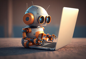 Robot working on laptop computer. Artificial intelligence concept. 3D Rendering generative ai